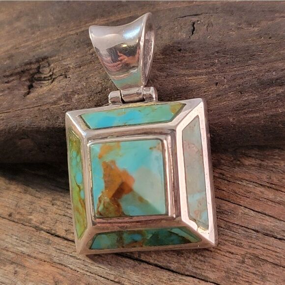 Sterling Gold Matrix Blue Green Turquoise Pyramid Pendant - Picture 5 of 9